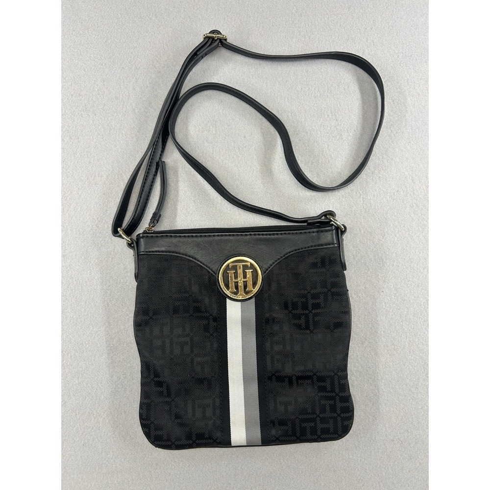 Tommy Hilfiger Womens Crossbody Bag Purse Handbag Gray White Stripe Y2K